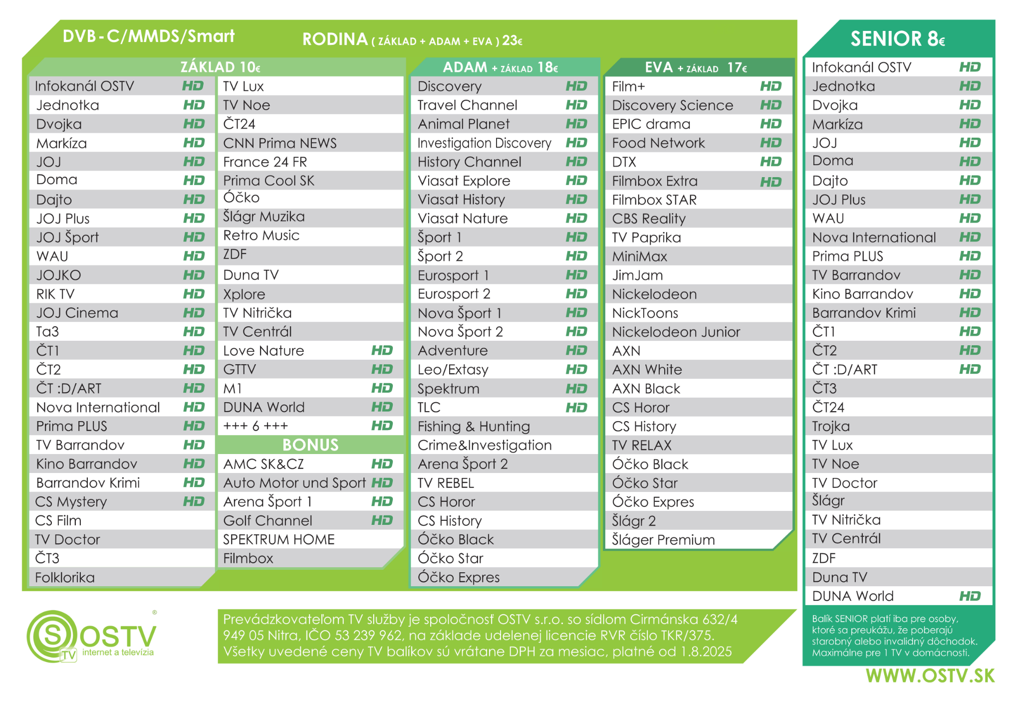 Cenník TV balíčkov OSTV platný od 1.8.2025